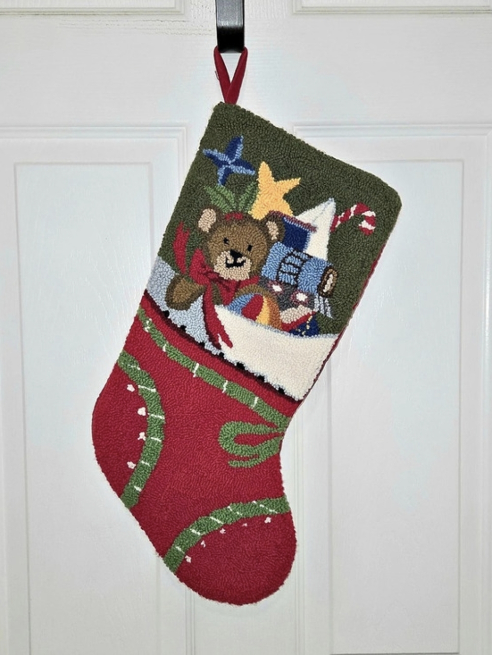 Vintage Wool Needlepoint Christmas Stocking Teddy Bear w/ Toys, Train 18"